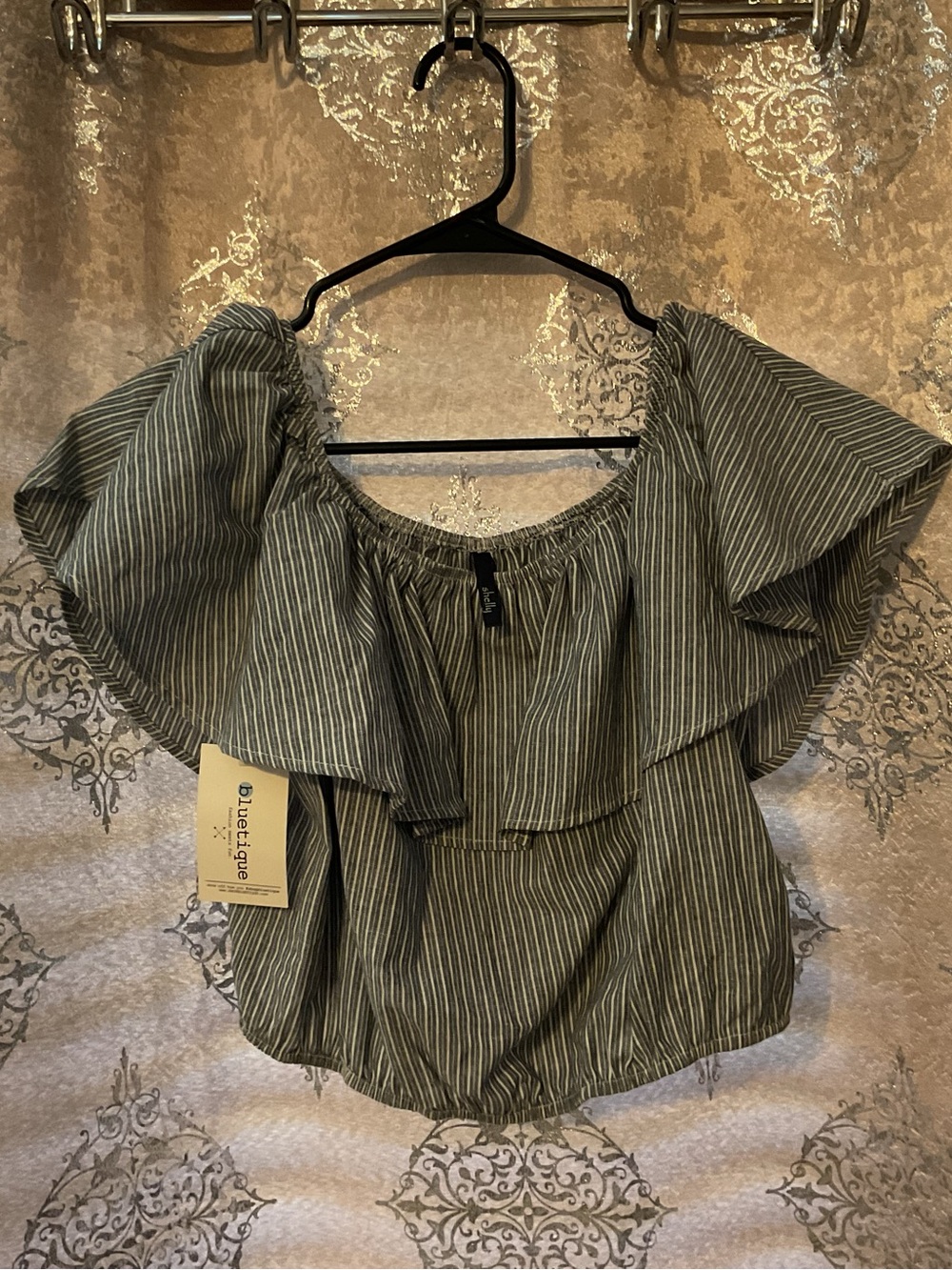 Gray white Striped Off-Shoulder Ruffle Blouse - Picture 2 of 3